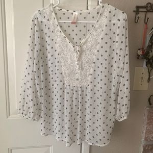 Sheer White Top with Black Polka Dots and Lace/Buttons
